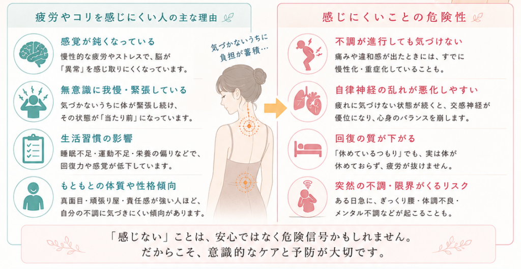 疲労やコリを感じにくい人は要注意 - 美容整体リグラージュ