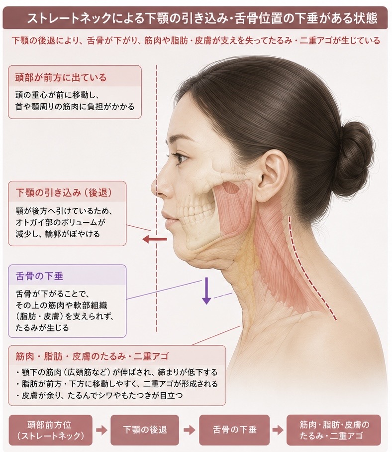 ストレートネックによるたるみや二重あごの状態-美容整体リグラージュ