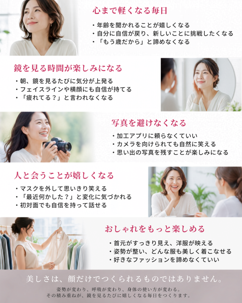 リグラージュで手に入る未来
心まで軽くなる毎日
年齢を聞かれることが嬉しくなる
自分に自信が戻り、新しいことに挑戦したくなる
「もう歳だから」と諦めなくなる
鏡を見る時間が楽しみになる
朝、鏡を見るたびに気分が上がる
フェイスラインや横顔にも自信が持てる
「疲れてる?」と言われなくなる
写真を避けなくなる
加工アプリに頼らなくていい
カメラを向けられても自然に笑える
思い出の写真を残すことが楽しみになる
人と会うことが嬉しくなる
マスクを外して思いきり笑える
「最近何かした?」と変化に気づかれる
初対面でも自信を持って話せる
おしゃれをもっと楽しめる
首元がすっきり見え、洋服が映える
姿勢が整い、どんな服も美しく着こなせる
好きなファッションを諦めなくていい