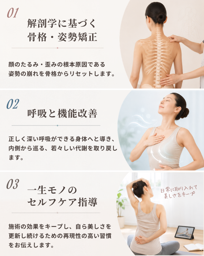 【解剖学に基づく骨格・姿勢矯正】顔のたるみ・歪みの根本原因である姿勢の崩れを骨格からリセットします。【呼吸と機能改善】正しく深い呼吸ができる身体へと導き、内側から巡る、若々しい代謝を取り戻します。【一生モノのセルフケア指導】サロンの心地よさを日常へ。施術の効果をキープし、自ら美しさを更新し続けるための再現性の高い習慣をお伝えします。